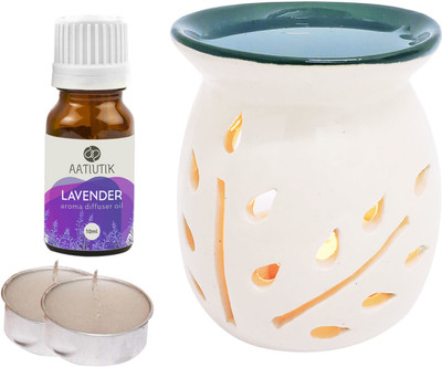 Aatiutik Lavender Aroma Oil with Ceramic Tlight Home Fragracne Air Freshener Aroma Diffuser Set AT-TOPBLACKDIFF-2TL-LV(4 x 2.5 ml)