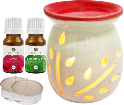 Aatiutik Lemongrass Aroma Oil with Ceramic Tlight Home Fragracne Air Freshener Aroma, Rose Diffuser Set AT-TOPREDDIFF-2TL-RS-LG(5 x 4 ml)