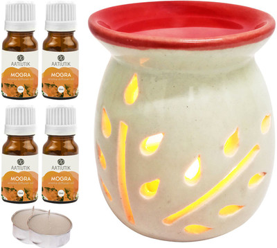 Aatiutik Mogra Aroma Oil with Ceramic Tlight Home Fragracne Air Freshener Aroma Diffuser Set AT-TOPREDDIFF-2TL-4MOG(7 x 5.71 ml)