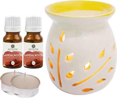 Aatiutik Sandalwood Aroma Oil with Ceramic Tlight Home Fragracne Air Freshener Aroma Diffuser Set AT-TOPYELLOWDIFF-2TL-2SW(5 x 4 ml)