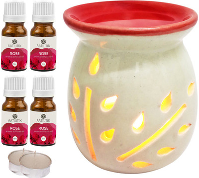 Aatiutik Rose Aroma Oil with Ceramic Tlight Home Fragracne Air Freshener Aroma Diffuser Set AT-TOPREDDIFF-2TL-4RS(7 x 5.71 ml)