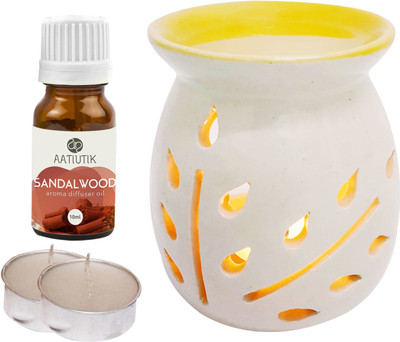 Aatiutik Sandalwood Aroma Oil with Ceramic Tlight Home Fragracne Air Freshener Aroma Diffuser Set AT-TOPYELLOWDIFF-2TL-SW(4 x 2.5 ml)