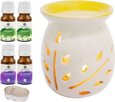Aatiutik Lavender Aroma Oil with Ceramic Tlight Home Fragracne Air Freshener Aroma, Jasmine Diffuser Set AT-TOPYELLOWDIFF-2TL-2JAS-2LV(7 x 5.71 ml)