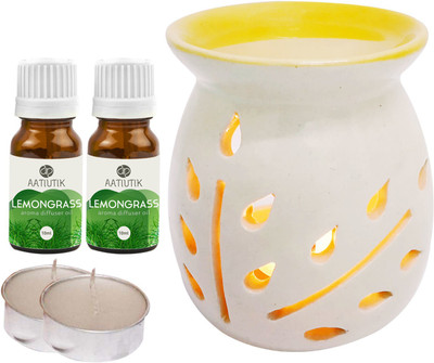 Aatiutik Lemongrass Aroma Oil with Ceramic Tlight Home Fragracne Air Freshener Aroma Diffuser Set AT-TOPYELLOWDIFF-2TL-2LG(5 x 4 ml)