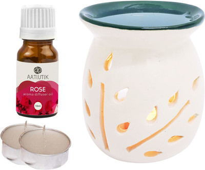 Aatiutik Rose Aroma Oil with Ceramic Tlight Home Fragracne Air Freshener Aroma Diffuser Set AT-TOPBLACKDIFF-2TL-RS(4 x 2.5 ml)