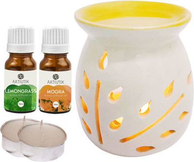 Aatiutik Lemongrass, Mogra Aroma Oil with Ceramic Tlight Home Fragracne Air Freshener Aroma Diffuser Set AT-TOPYELLOWDIFF-2TL-LG-MOG(5 x 4 ml)