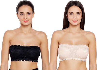 ChiYa by New Summer Stretch Sexy Lace Hook Closure Tube Bra Hook-and-eye Wire Free Padded with Soft Removable Foam Cups Convertible Seamless Crop Top Sexy Push up Cropped Hook Bra with (External Transparent Belts) Women Bandeau/Tube Lightly Padded Bra(Black, Beige)