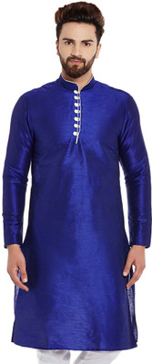 Over Crowd Men Self Design Straight Kurta(Blue)