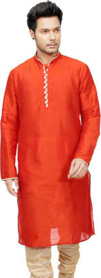 Over Crowd Men Self Design Straight Kurta(Orange)