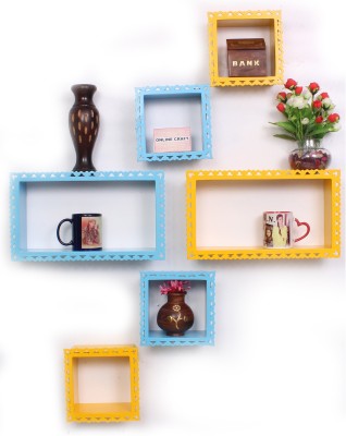 ONLINECRAFTS wooden wall shelf (blue ) Wooden Wall Shelf(Number of Shelves - 6, Blue, Yellow)