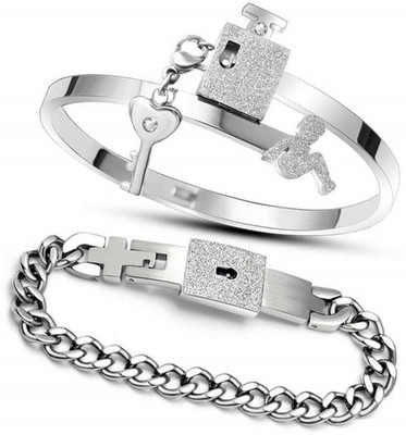 Impression Stainless Steel Silver Bracelet Set(Pack of 2)