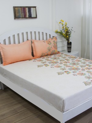 GMF 144 TC Cotton King Floral Flat Bedsheet(Pack of 1, Orange & White)