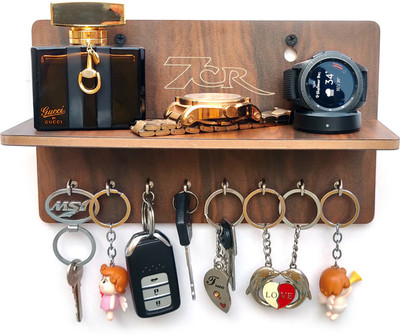 7CR New Full Shelf-21 Wood Key Holder(8 Hooks, Brown)