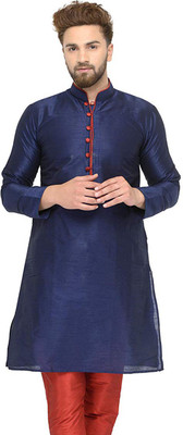 Over Crowd Men Self Design Straight Kurta(Dark Blue)