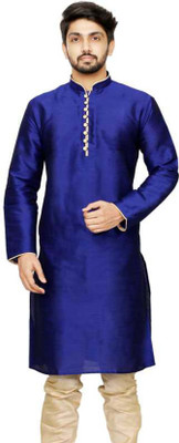 Over Crowd Men Self Design Straight Kurta(Blue)