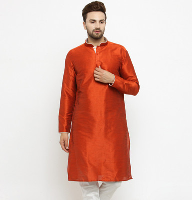 Over Crowd Men Self Design Straight Kurta(Orange)