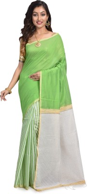 Rukmini Boutique Striped Handloom Cotton Linen, Pure Cotton Saree(Green)