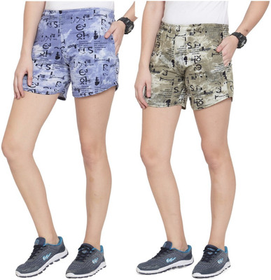 UZARUS Printed Women Green, Blue Regular Shorts