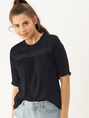 Dressberry Casual Half Sleeve Solid Women Dark Blue Top