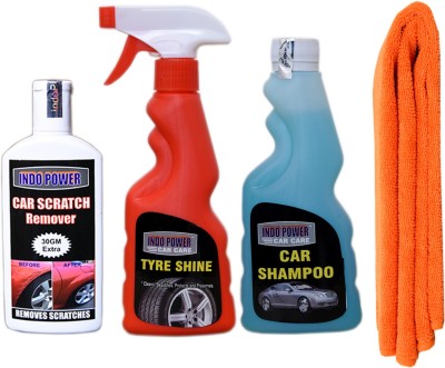 INDOPOWER TOP230-TYRE SHINER SPRAY 250ml+CAR SHAMPOO 250ml+ 1PC CAR MICROFIBER CLOTH ORANGE+ scratch remover 100gm. Car Washing Liquid(600 ml)