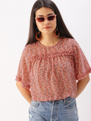 Dressberry Casual Half Sleeve Floral Print Women Orange Top