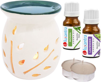 Luxantra Mogra, Lavender Aroma Oil with Tlight Ceramic Air Freshener Home Fragrance Aroma Diffuser Set LX-TOPBLACKDIFF-2TL-MOG-LV(5 x 4 ml)