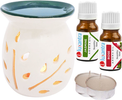 Luxantra Rose Aroma Oil with Tlight Ceramic Air Freshener Home Fragrance Aroma, Jasmine Diffuser Set LX-TOPBLACKDIFF-2TL-JAS-RS(5 x 4 ml)