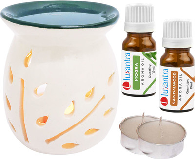 Luxantra Mogra, Sandalwood Aroma Oil with Tlight Ceramic Air Freshener Home Fragrance Aroma Diffuser Set LX-TOPBLACKDIFF-2TL-MOG-SW(5 x 4 ml)