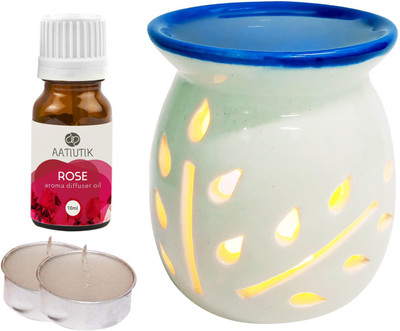 Aatiutik Rose Aroma Oil with Ceramic Tlight Air Freshener Home Fragrance Aroma Diffuser Set AT-TOPBLUEDIFF-2TL-RS(4 x 2.5 ml)