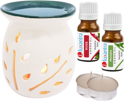 Luxantra Rose, Mogra Aroma Oil with Tlight Ceramic Air Freshener Home Fragrance Aroma Diffuser Set LX-TOPBLACKDIFF-2TL-RS-MOG(5 x 4 ml)