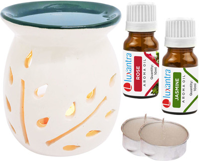 Luxantra Rose, Jasmine Aroma Oil with Tlight Ceramic Air Freshener Home Fragrance Aroma Diffuser Set LX-TOPBLACKDIFF-2TL-RS-JAS(5 x 4 ml)