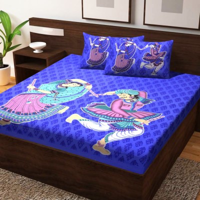 Shubh Living 104 TC Cotton Double Printed Fitted & Flat Bedsheet(Pack of 1, Blue)