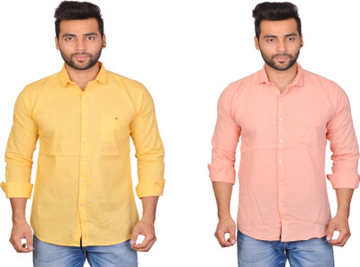 La Milano Men Solid Casual Orange, Yellow Shirt(Pack of 2)