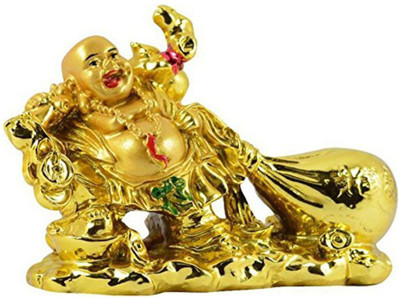 Red Ballons Laughing Buddha with Wealth / Money Potli for Wealth Gain, Success and Buisness Decorative Showpiece  -  13 cm(Polyresin, Gold)