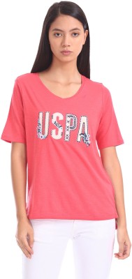 U.S. Polo Assn. Women Embroidered Women V Neck Pink T-Shirt