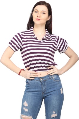 ESS EMM CLOTHING Casual Puff Sleeve Striped Women Purple, White Top