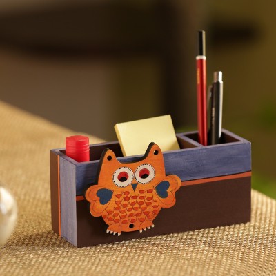 ExclusiveLane 2 Compartments Pine Wood 'Owl Motif' Home Decorative Table Top Cutlery Stand Organiser Cum Stationery Holder(Brown)