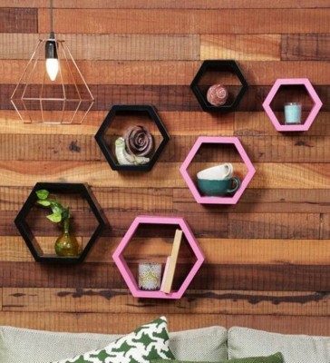 KHUSUBHDECOR wooden wall shelf Wooden Wall Shelf(Number of Shelves - 6, Black, Pink)