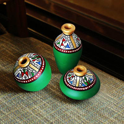 30% OFF on ExclusiveLane Warli Hand-Painted Terracotta Mini Pots (Set of 3, Green) Table Décor Decorative Showpiece - 10 cm(Terracotta, Green)
