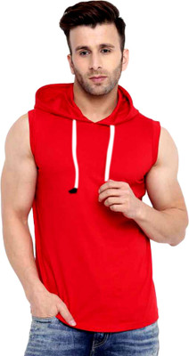 Lifeidea Solid Men Hooded Neck Red T-Shirt