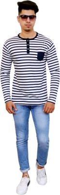 FARICON Striped Men Henley Neck White, Blue T-Shirt