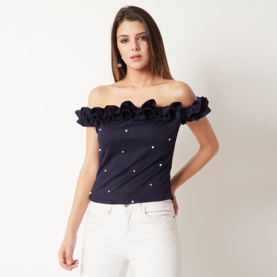 Miss Chase Casual Ruffled Sleeve Embellished Women Blue Top