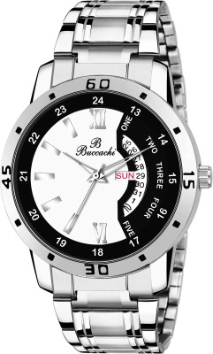 Buccachi White & Black Dial Day & Date Functioning Water Resistant Stainless Steel Bracelet Watch for Men/Boys Analog Watch  - For Men