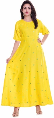 Sanjh Women Embroidered Flared Kurta(Yellow)