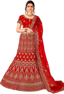 manvaa Embroidered Semi Stitched Lehenga Choli(Red)