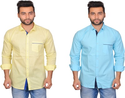 Cousin's Men Self Design, Solid Casual Light Blue, Yellow Shirt(Pack of 2)