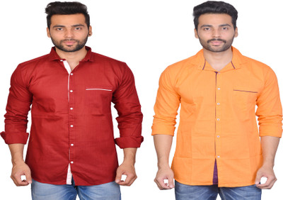 La Milano Men Solid Casual Orange Shirt(Pack of 2)