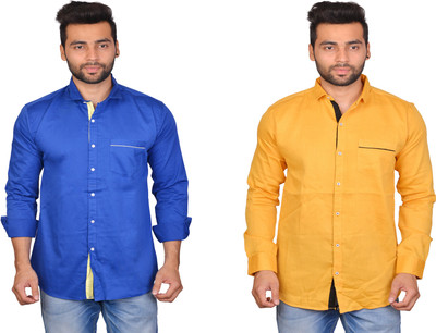 Cousin's Men Solid Casual Blue, Beige Shirt(Pack of 2)