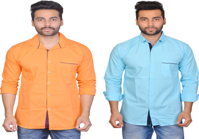 La Milano Men Solid Casual Light Blue, Orange Shirt(Pack of 2)