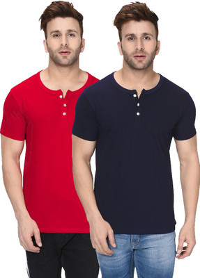 London Hills Solid Men Henley Neck Dark Blue, Red T-Shirt